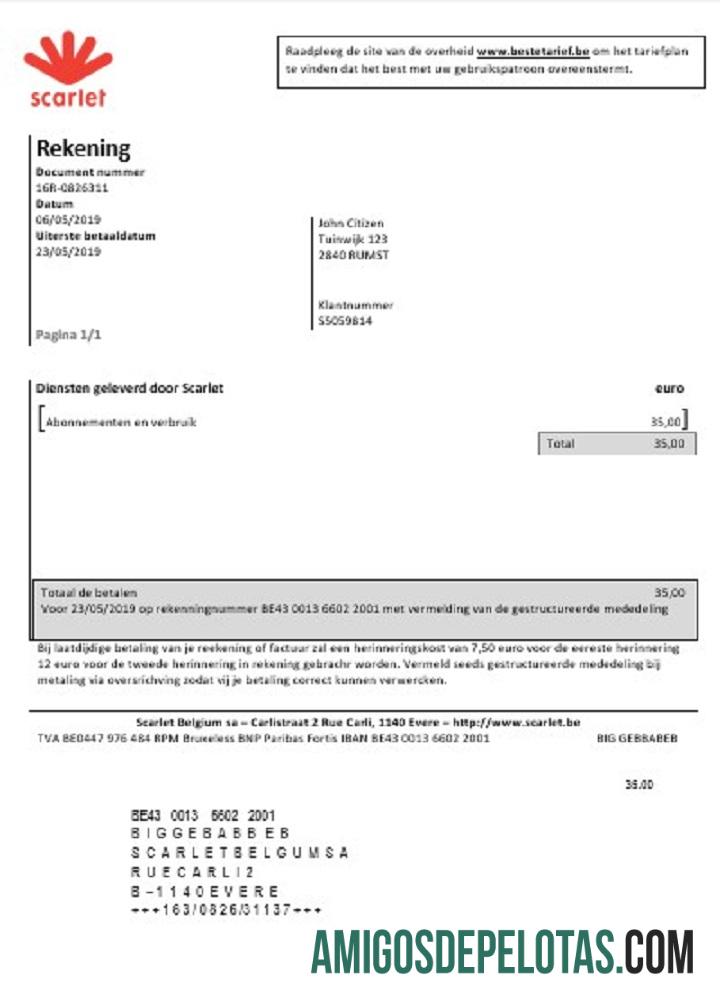 imprimível Modelo de conta de serviços públicos Scarlet da Bélgica em formato Word e PDF (.doc e .pdf)